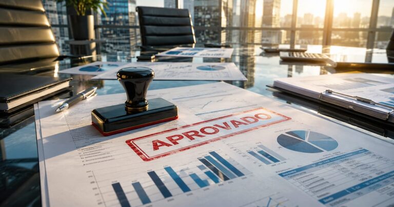 Documentos financeiros sobre mesa de vidro com carimbo de aprovação representando balanço contábil sem ressalvas