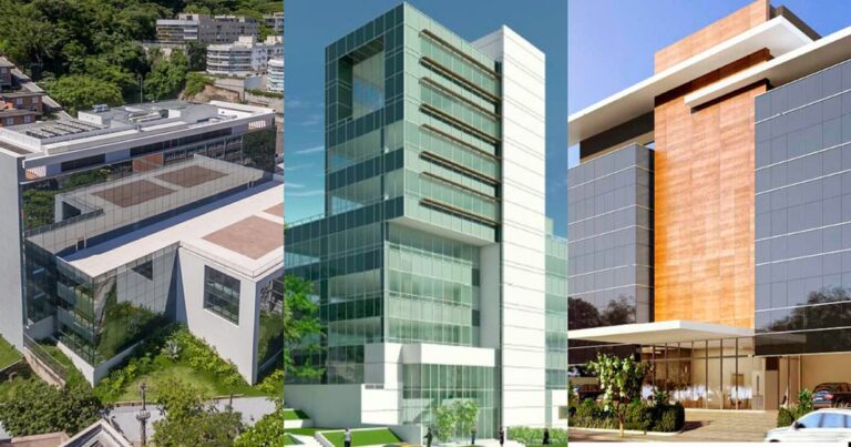 Edifício comercial espelhado representando o ativo corporativo negociado pelo fundo imobiliário.