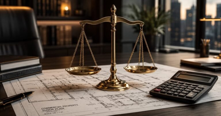 Balança da justiça sobre uma planta baixa arquitetônica, representando a ação revisional de aluguel e o equilíbrio financeiro.