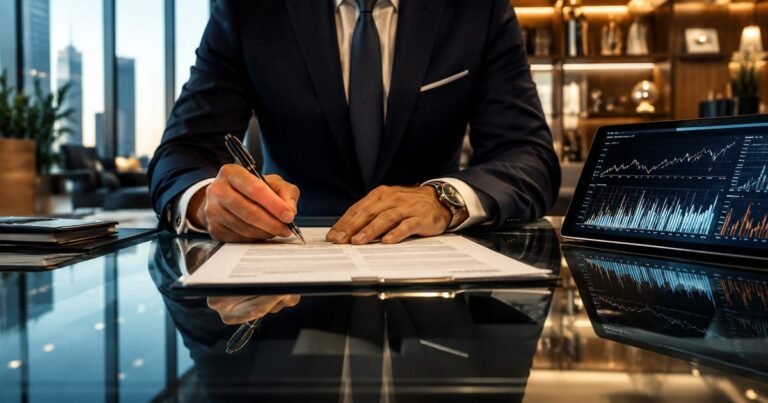 Executivo assinando documentos em um escritório corporativo