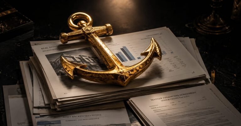 Âncora de ouro pesada sobre documentos financeiros, simbolizando o conceito de lastro e estabilidade no mercado