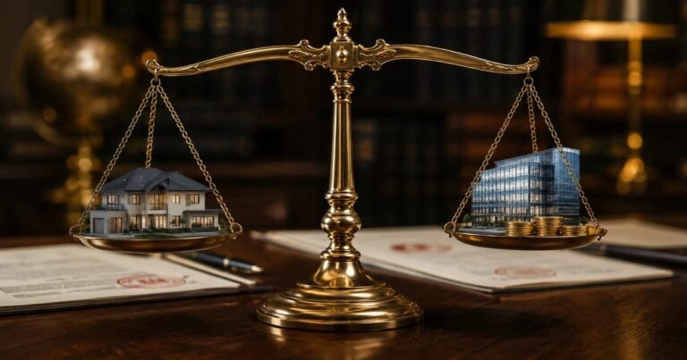 Balança de precisão equilibrando uma casa e um prédio com moedas, representando a permuta imobiliária com torna.
