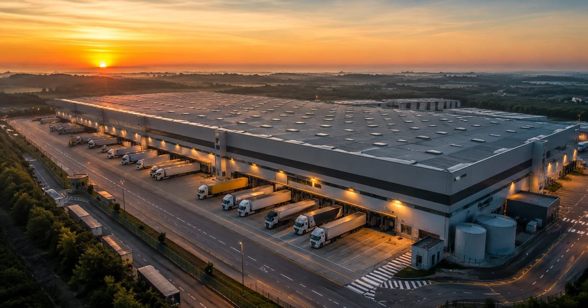 Visão aérea de centro de distribuição logístico com docas e caminhões.