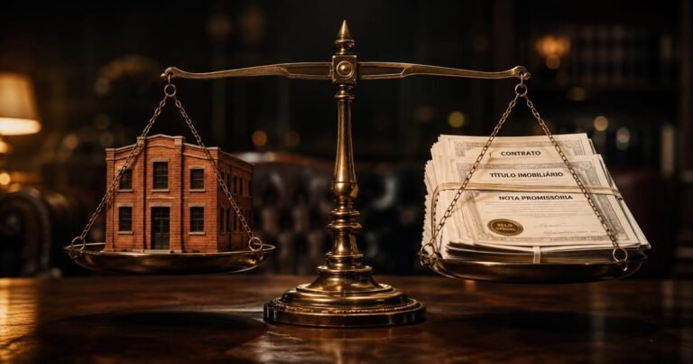 Balança antiga equilibrando uma miniatura de prédio de tijolos vermelhos e um pacote de documentos financeiros de papel.