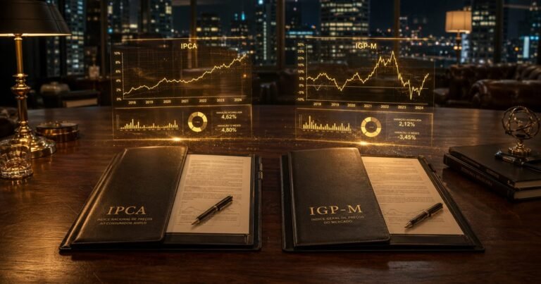 Pastas sobre uma mesa de madeira representando os índices IPCA e IGP-M para reajuste de aluguel imobiliário.