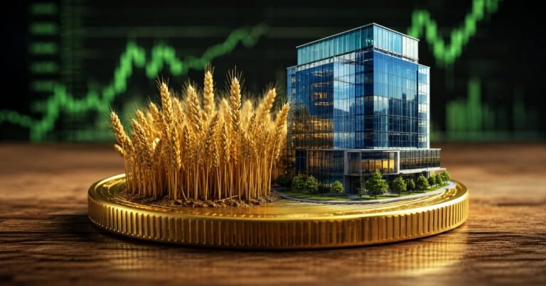 Plantação de trigo e maquete de prédio surgindo de uma moeda de ouro, ilustrando o conceito financeiro de LCI e LCA.