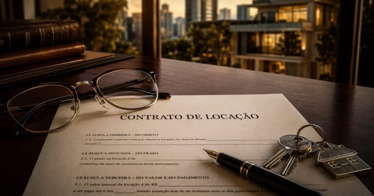 Contrato de aluguel sobre uma mesa com caneta e chaves, representando as regras da Lei do Inquilinato atualizada.