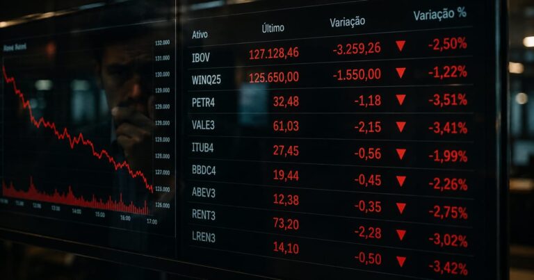 Painel digital de bolsa de valores com números vermelhos refletindo em vidro escuro.