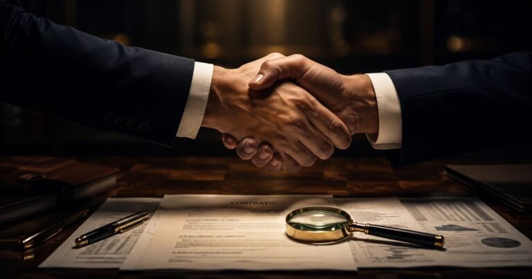 Aperto de mãos sobre documentos contratuais representando uma cláusula de covenant financeiro.