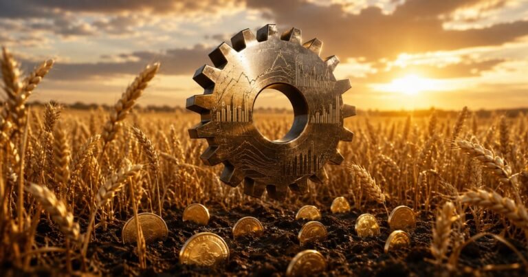Campo de trigo dourado com engrenagens metálicas e moedas brotando da terra, representando o Certificado de Recebíveis do Agronegócio.