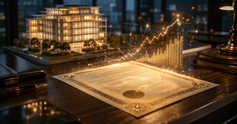 Certificado de Recebíveis Imobiliários brilhando sobre uma mesa ao lado de uma maquete de prédio comercial.