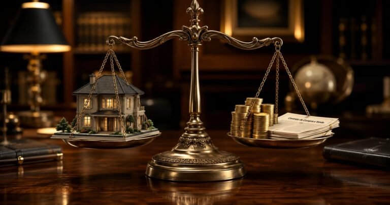 Balança de precisão equilibrando uma miniatura de casa e moedas, representando a métrica financeira LTV e avaliação de risco.