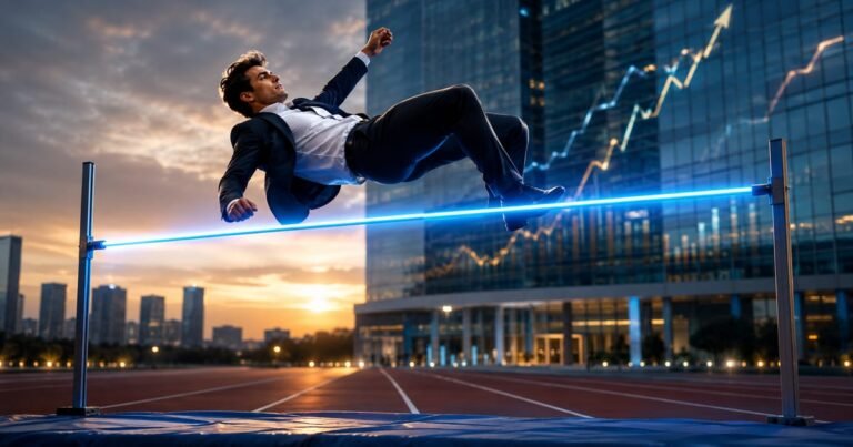 Metáfora visual de salto em altura corporativo superando um benchmark, representando a taxa de performance em fundos