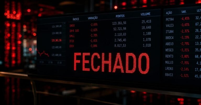 Painel de cotações financeiras com luzes se apagando, representando o encerramento de um fundo na bolsa de valores.
