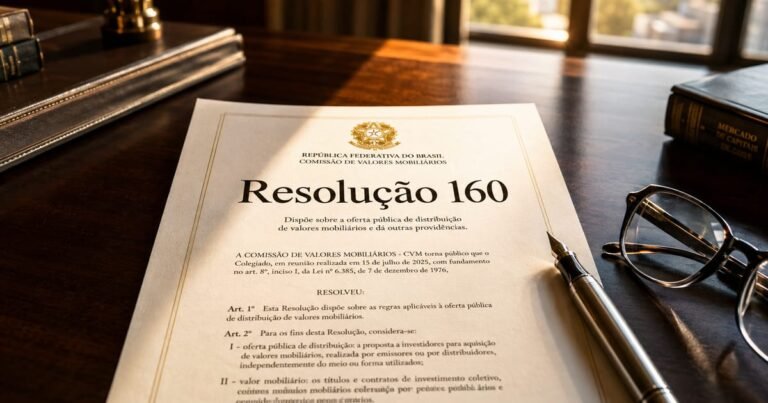 Documento oficial sobre uma mesa de madeira iluminado por luz natural, representando a Resolução CVM 160.