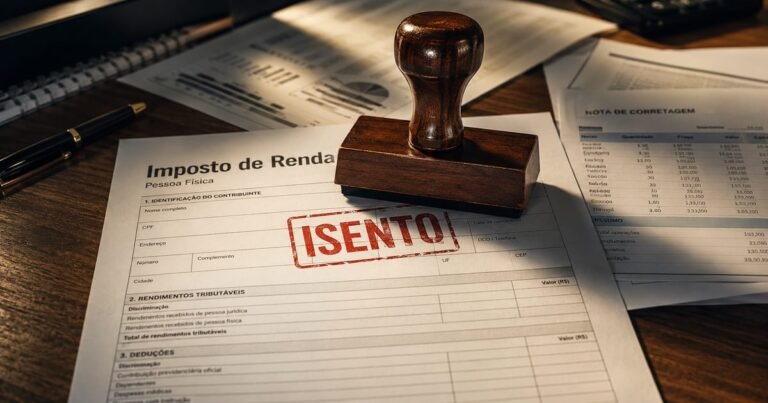 Carimbo com a palavra isento pressionado sobre um formulário de imposto de renda, representando a isenção tributária dos FIIs.