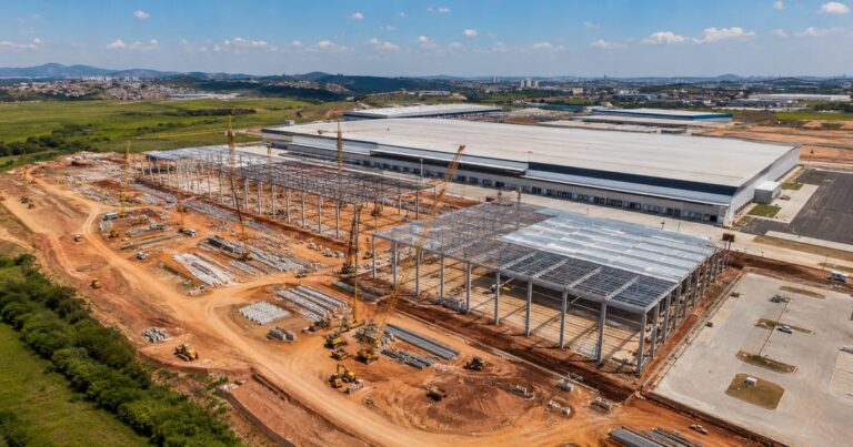 Canteiro de obras de galpões logísticos representando novos investimentos do fundo imobiliário TRXF11