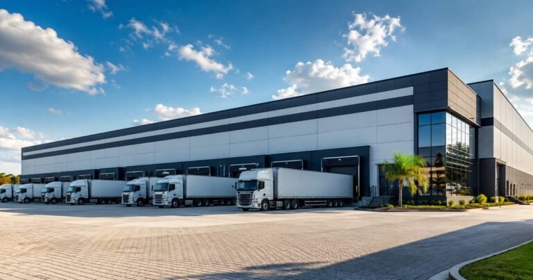 Galpão logístico moderno com caminhões estacionados nas docas sob céu azul claro.