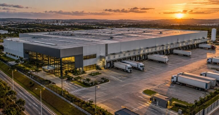 Vista aérea de um galpão logístico moderno, representando os novos ativos do fundo BTLG11 locados para grandes empresas.