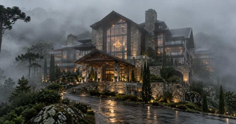 Fachada de hotel na serra sob neblina, representando incerteza financeira.
