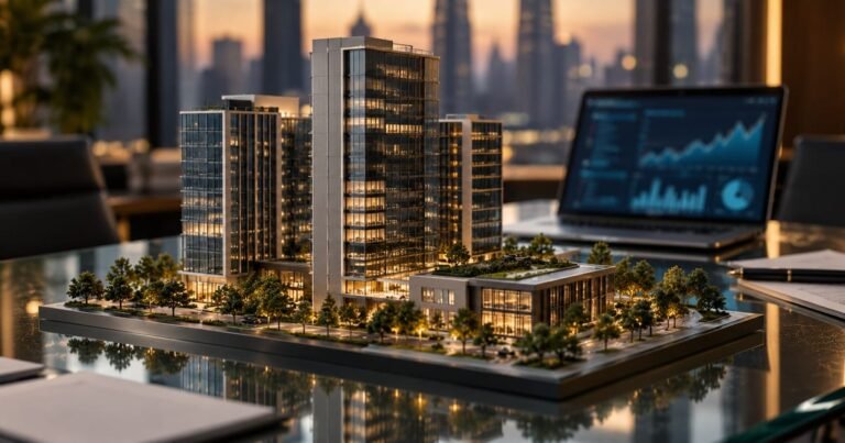 Maquete de prédios comerciais em mesa de vidro representando o crescimento de fundos imobiliários.