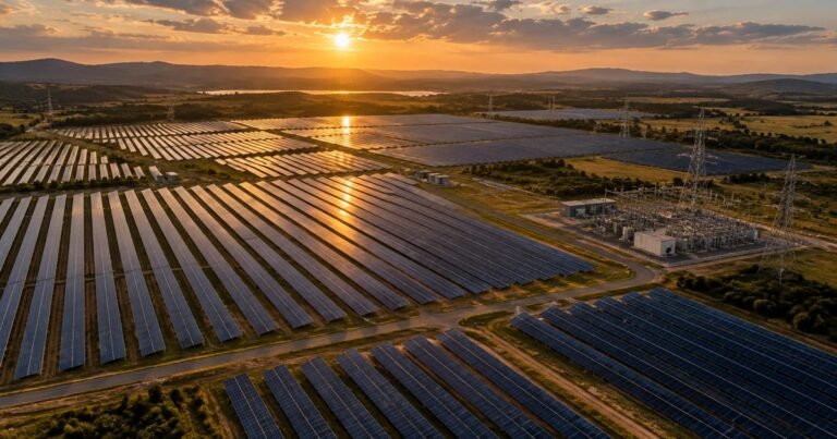 Vista aérea de usina de geração de energia solar com dezenas de painéis alinhados no campo