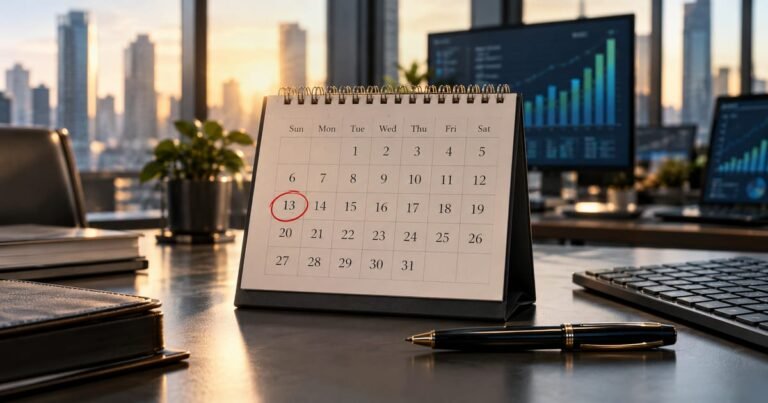 Calendário de mesa com data marcada ao lado de um teclado de computador e gráficos financeiros ao fundo.