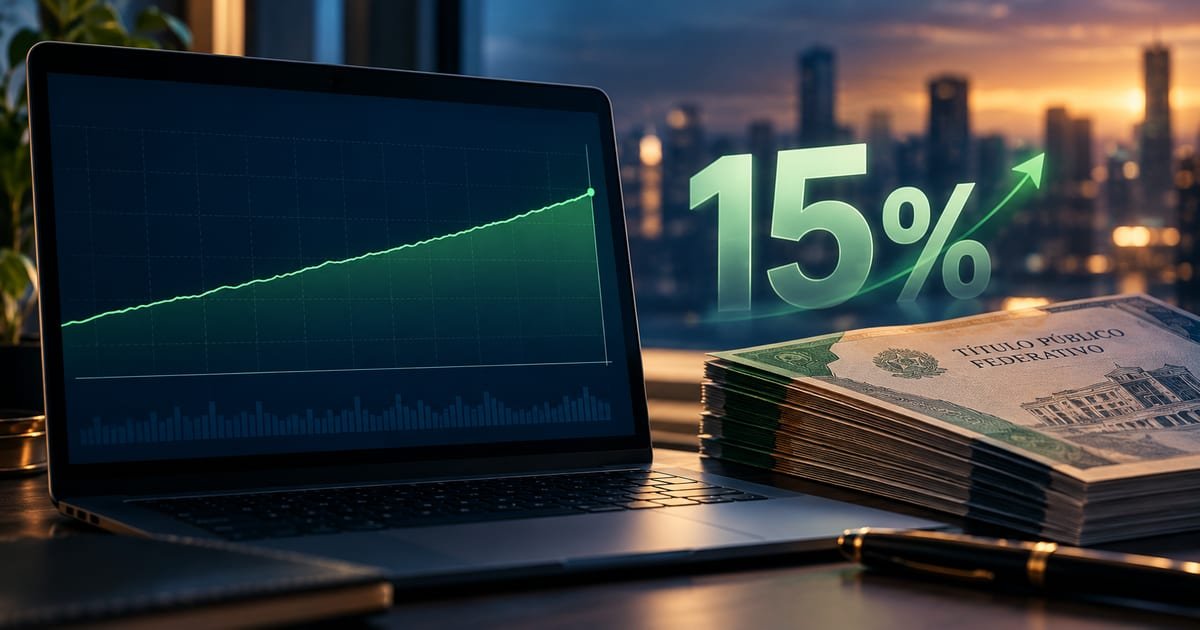 Cotas de ETF de renda fixa na tela do home broker, com um gráfico estável de Tesouro Selic ao fundo e a alíquota de 15% em destaque