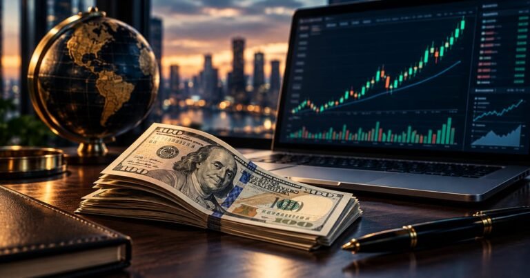 Cédulas de dólar ao lado de uma tela de home broker com cotações de ETFs, representando investimento em dólar pela B3