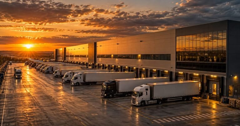 Caminhões estacionados nas docas de um grande centro logístico moderno
