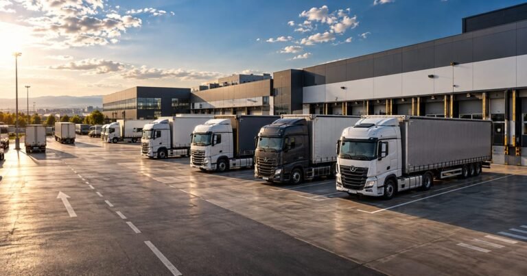 Pátio asfaltado com caminhões estacionados em um galpão logístico moderno.
