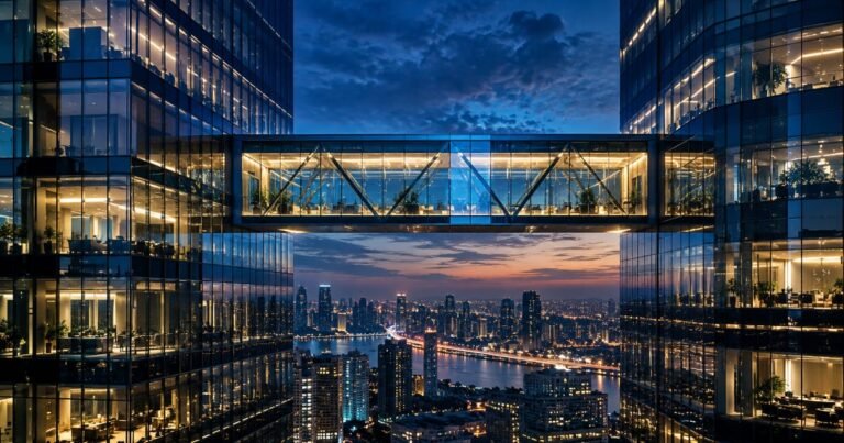 Edifícios modernos interligados por ponte de vidro iluminada