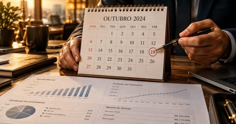 Calendário destacando a data de dezenove de outubro ao lado de documentos financeiros e uma caneta.