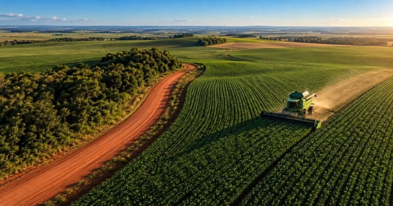 Vista aérea de uma grande fazenda agrícola com trator em operação, representando os ativos do fundo RZTR11