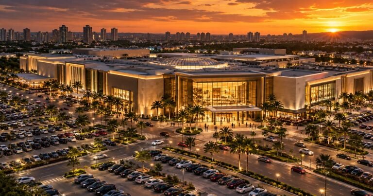 Visão aérea de um shopping center moderno iluminado ao entardecer, representando o portfólio do fundo PMLL11.