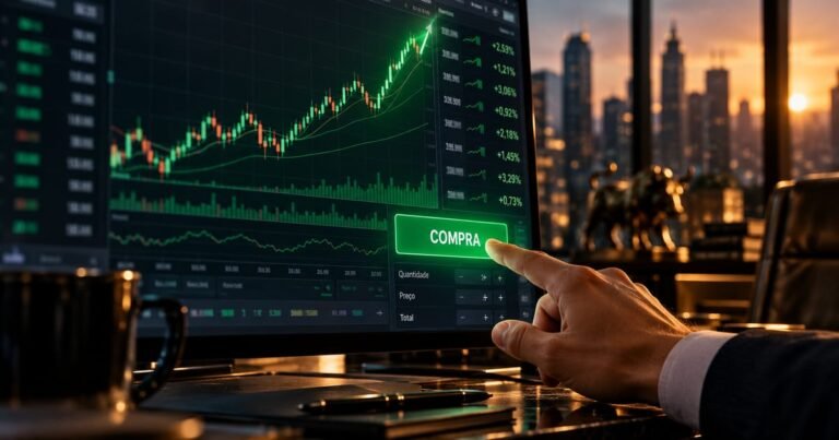 Gráfico financeiro na tela de um computador com foco em botão de compra, ilustrando investimentos.